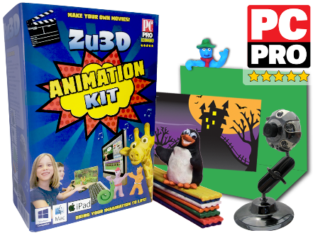 Zu3D Animation Kit with webcam, Zu3D Animation software, modelling clay, mini background, green screen and animation handbook. PC Pro recommended Logo with five stars
