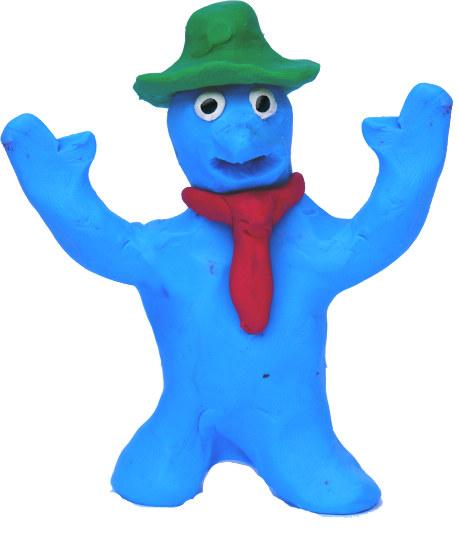 Friendly,blue Clay Man with a green hat and red scarf