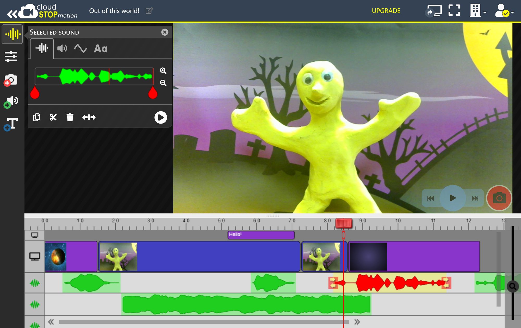 Screenshot of Cloud Stop Motion with clay man waving and speech bubble saying hello