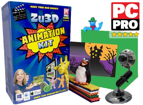 Zu3D Animation Kit with webcam, animation software, modelling clay, mini background, green screen and animation handbook